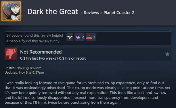 Screenshot showing Steam user reviews of Planet Coaster 2.